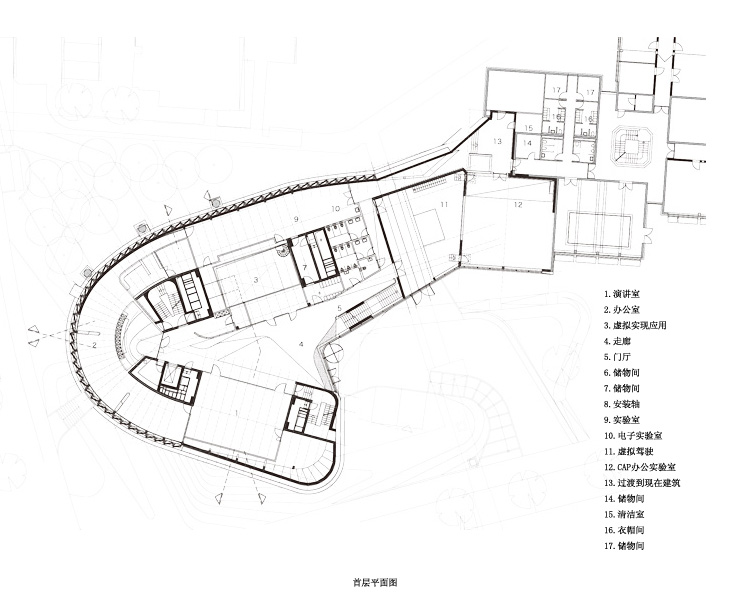 建筑平面图的设计包含曲线和直线两个几何元素,其外观渐变为锯齿形